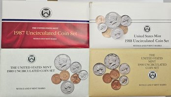 4 SETS US MINT UNCIRCULATED COIN SETS D And P MINT MARKS 1987,1988,1989,1990