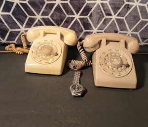 Vintage Rotary Phones. The Pair.  Beige And Off White.  - - - - - - - - - - - - - - Loc:GS2