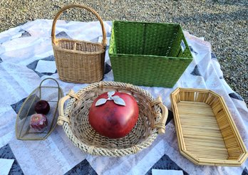 Grouping Of Several Baskets, Candle And Decorative Fruit