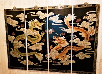 Four Vintage Painted Lacquer Yin And Yang Chinese Double Dragon Wall Art Screen Panels