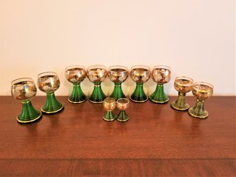 Vintage Roemer Green & Gold Leaf Wine Glasses German Goblets - Assorted Sizes