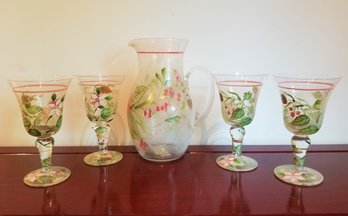 MWW Market Frosted Pitcher With Four Goblets Hand Painted With Flowers