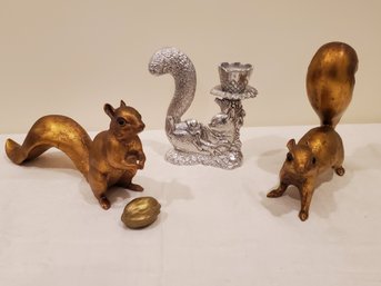 Vintage Anthony Freeman McFarlin Gold Pottery Squirrels With Nut & Pewter Candlestick Squirrel Figurines