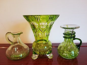 Vintage Green Cut To Clear Art Glass Footed Vase & Small Pitchers