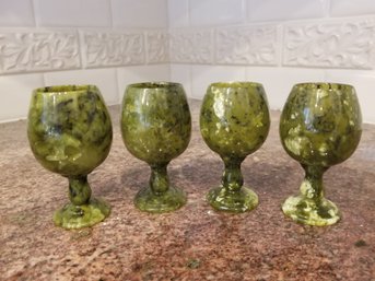 Small Vintage Chinese Green Jade / Jadeite Stone Stemmed Cordial Glasses