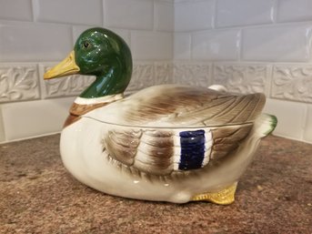 1980's Otagiri Glazed Ceramic Mallard Duck Tureen With Ladle