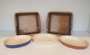 Pyrex & Ceramic Ovenware Dishes & Wicker Holders