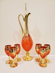 Beautiful Vintage MCM Murano Tre Fuochi Orange Glass Hand Painted 24K Gold Leaf Decanter & Six Glasses