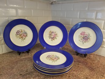 Vintage Cobalt Blue & Floral Crown Lion Ivory Hutschenreuther Selb Bavaria China Dinner Plates