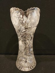 Lovely Antique Large Sawtooth Edge Cut Crystal Etched Flower Vase