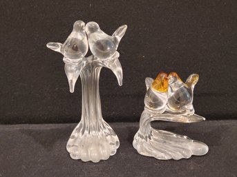 Two Glass Kissing Love Bird Figurines