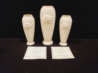 Trio Of New LENOX Porcelain The Rose Blossom Bud Vases Decorated With 24K Gold Accents