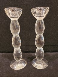 Pretty Vintage Pair Of Oleg Cassini Faceted Crystal Tall Taper Candlestick Holders