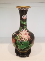 Vintage Chinese Cloisonne Vase With Bluebird & Blossoms On Black With Brass Accents