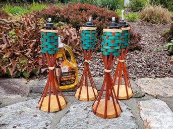 Set Of Four New Mini 13' Tabletop Tiki Torches & New Bottle Of Tiki Fuel