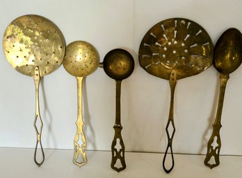 5 Vintage Cooking Utensils In Solid Brass