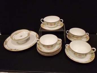 Vintage Noritake Nippon The Flamengo 2 Handled Tea Cups & Saucers, Two Tier Hand Painted Snack Tray