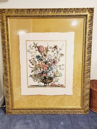 Very Large Antique Woodblock Botanical Floral Urn Lithograph In Ornate Frame - Lawrence Unlimited