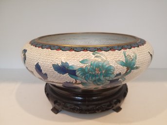 Vintage Chinese Cloisonne Bowl With Brass Trim On Carved Wood Stand