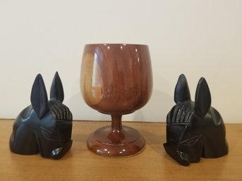 Wood Home Decor: Large Turned Wood Goblet & Carved Mexican Wood Donkey Heads