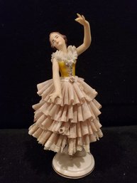 Beautiful Antique Dresden Porcelain Lace Dancing Lady In Pink Dress - Germany