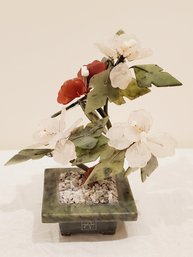 Vintage Chinese Jade And Semi Precious Stone Bonsai Tree. Carnelian, Quartz Flower Pedals Jade Leaves