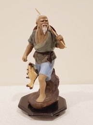 Vintage Chinese Mud Man Figure Hand Made Figurine 10' Fisherman Walking Fishing Pole