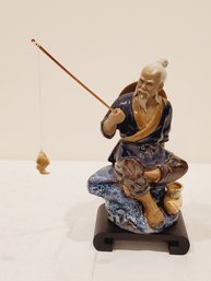 Vintage Shiwan Chinese Fisherman Mudman Porcelain Figurine With Fishing Rod