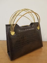 RARE Vintage Meyers Faux Alligator Print Hand Bag With Gold Tone Arch Layered Handles - Made In USA