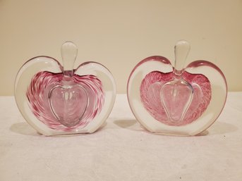 Two Glass Act Studios Heart Shaped Clear & Pink Blown Glass Perfume Bottles With Dabbers