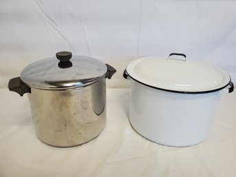 Two Stockpots - White Enamel Pot & Revere Ware Stainless Steel 8 Quart Korea