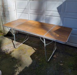 Vintage Aluminum Folding Table With Wood Veneer Top - - - - - - - - - -- - - - - - - Loc:garage