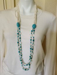 Great Extra Long Pearl, Turquoise And Quartz? Double Strand Necklace