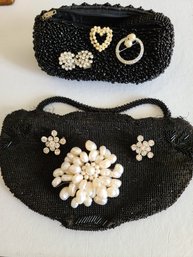 Two Vintage Evening Bags Paired With Pins And Earrings