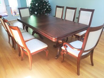 Handsome Solid Wood Double Pedestal Dining Room Table, Two Leaves, Pads And Ten Chairs