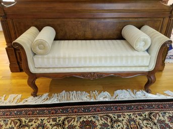 Ethan Allen Belfiore Upholstered Carved Wood Roll Arm Bench