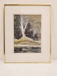 Vintage Signed Edward Stolarz Framed Watercolor Painting - Lone Wolf Tree With Birds In Woods