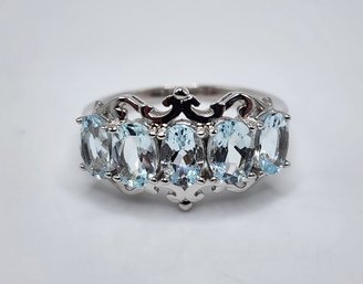 5 Stone Blue Aquamarine, Rhodium Over Sterling Ring