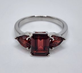 Red Garnet, Rhodium Over Sterling 3 Stone Ring