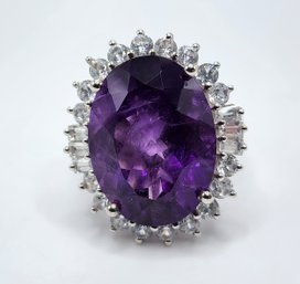 African Amethyst, White Zircon Ring In Platinum Over Sterling