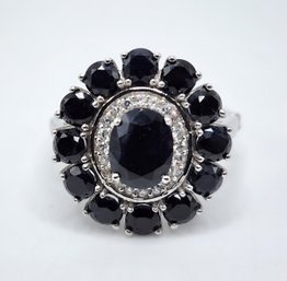 Midnight Sapphire, White Zircon Ring In Platinum Over Sterling