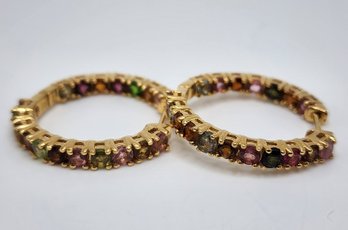 Multi-Tourmaline Inside Out Hoop Earrings In Yellow Gold Over Sterling