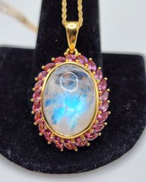 Rainbow Moonstone, Rhodolite Garnet Pendant Necklace In Yellow Gold Over Sterling