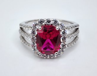 Premium Red & White CZ, Rhodium Over Sterling Ring