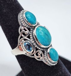 Peruvian Opalina, Blue Topaz Elongated Ring In Sterling