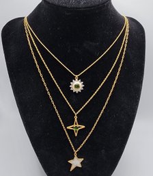 Chrome Diopside, White Zircon, Multi Layered Necklace Set In Yellow Gold Over Sterling