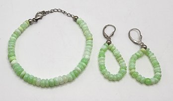 Enhanced Green Opal Beaded Earrings & Bracelet In Platinum Over Sterling