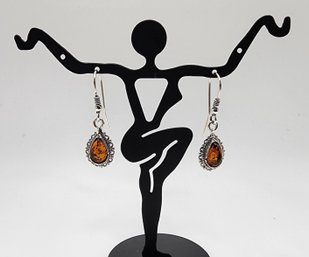 Baltic Cognac Colored Amber Dangle Earrings In Sterling