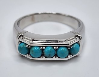 Blue Turquoise Men's Band Ring In Rhodium Over Sterling