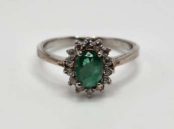 Emerald & Zircon Ring In Platinum Over Sterling